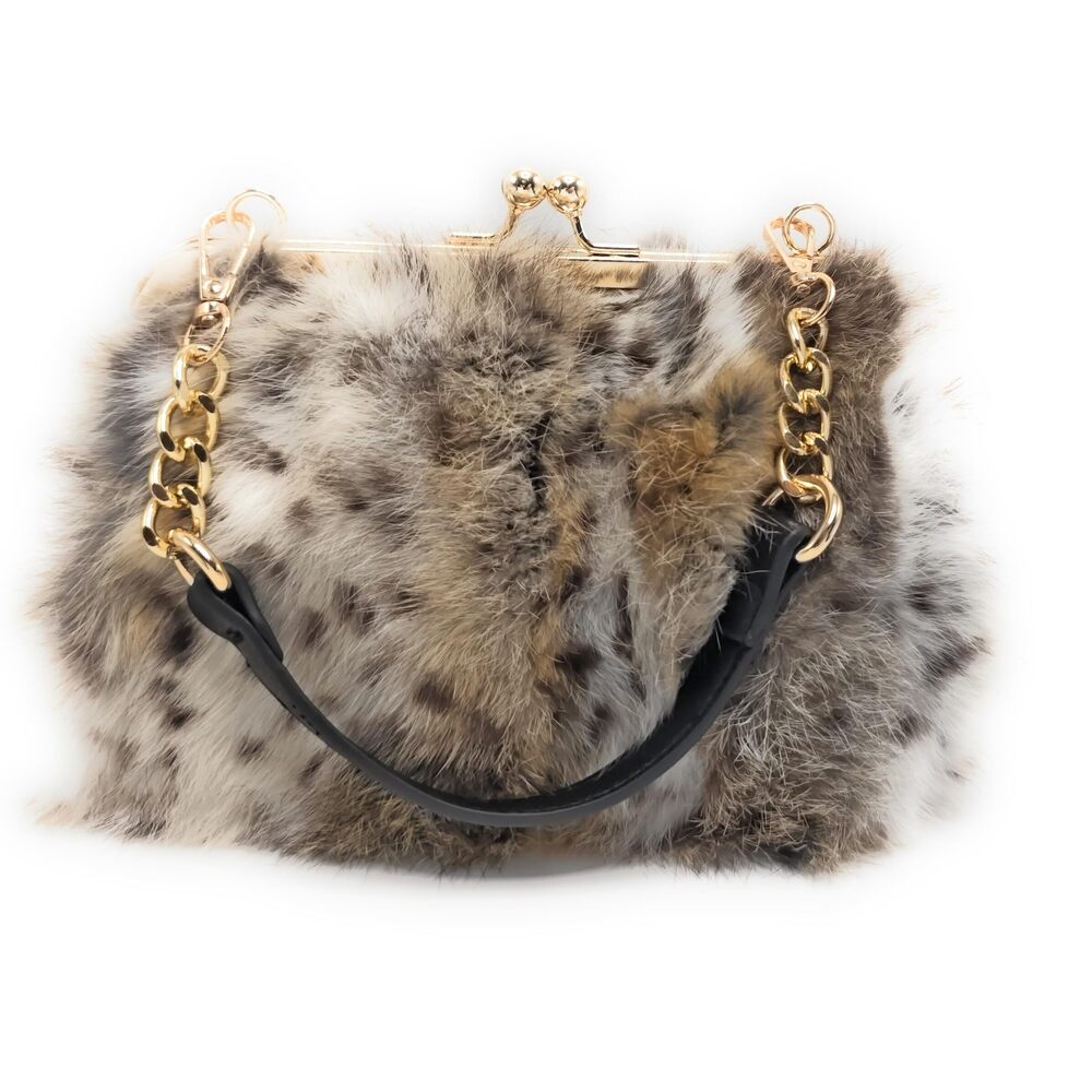 6925 Elegant Leopard Print Rex Rabbit Fur Handbag with Interchangeable